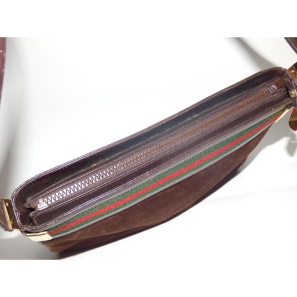 Gucci Vintage Brown Suede Leather Shoulder Bag with Red And Green - Picture 5 of 12